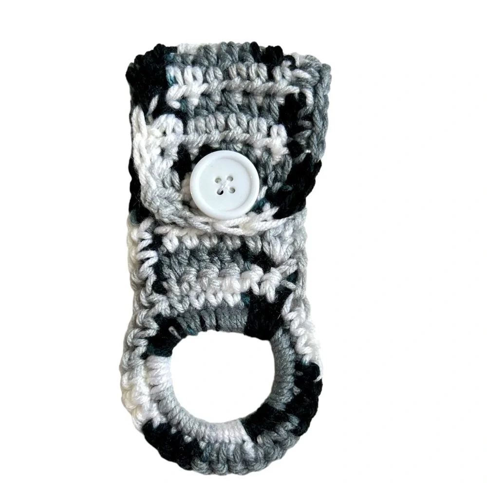 HAND CRAFTED Colorful Crocheted Black & Gray Reusable Button Towel Holder Hanger